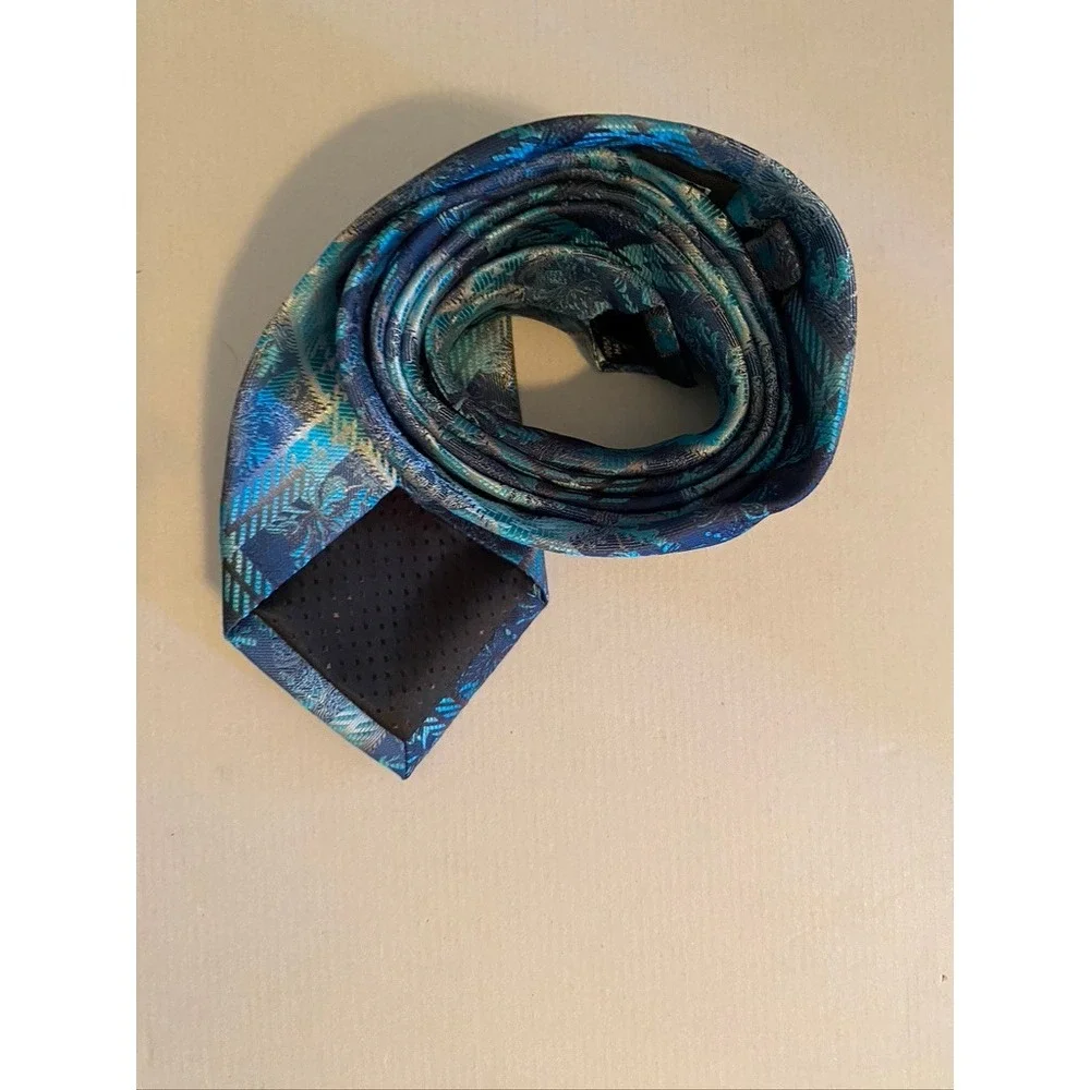 Stacy Adams Men Tie Blue Teal Geometric Plaid Floral Jacquard Silk Blend Necktie